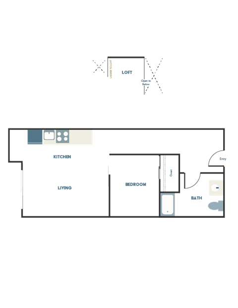 Floor plan for 1 bed, 1 bath, 469 sqft